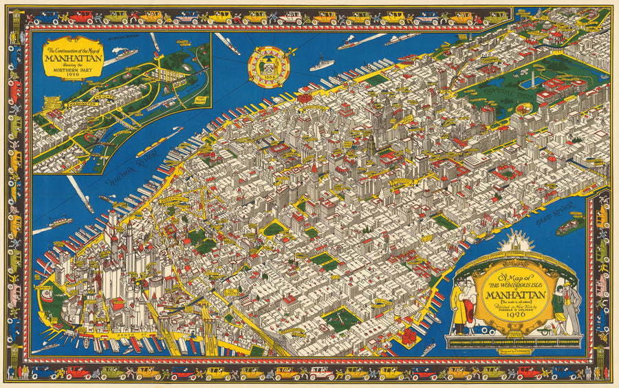 C. V. Farrow — A Map of the Wondrous Isle of Manhattan | Vintage Pictorial Map Print shown to scale on a wall above a sofa