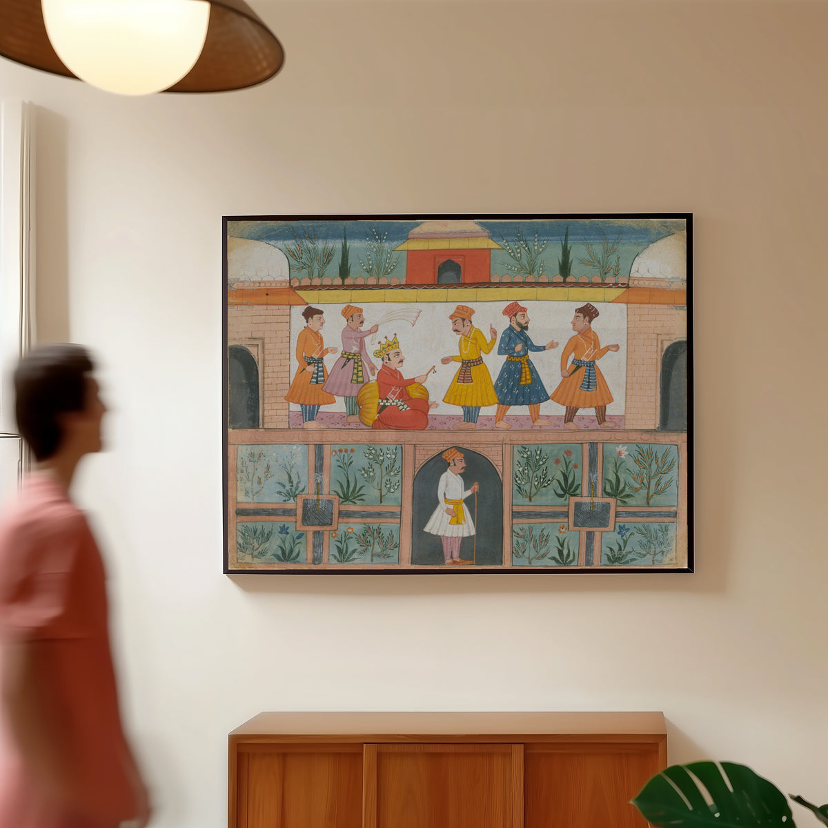 Framed art print of A Messenger Is Dispatched by Bilaspur school, in a slim black frame on a warm wall in a sunlit room