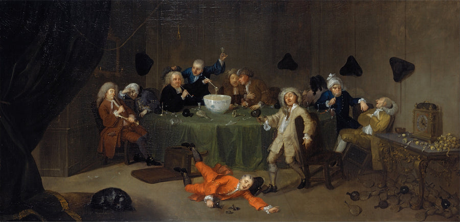 William Hogarth — A Midnight Modern Conversation | Fine Art Print shown to scale on a wall above a sofa