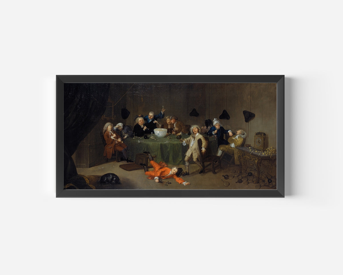 Framed art print of A Midnight Modern Conversation by William Hogarth, in a wide black frame on a plain white wall