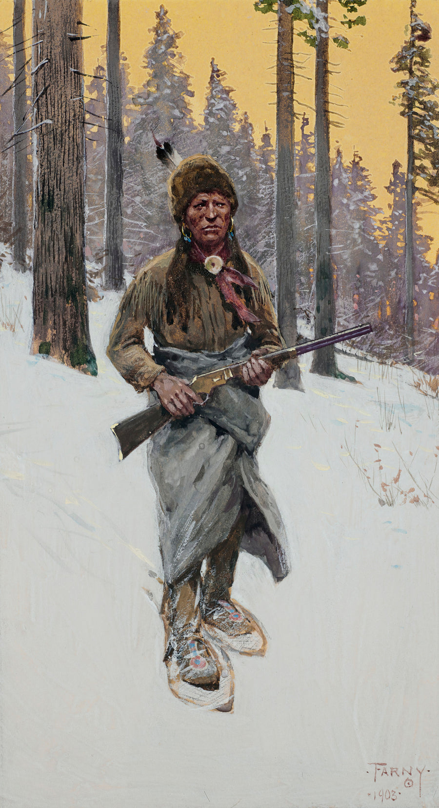 Henry Farny — A Moment of Suspense | Western Art Print shown to scale on a wall above a sofa