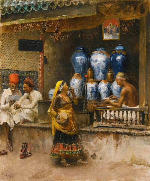 A Perfumer's Shop, Bombay by Edwin Lord Weeks — A woman in a yellow sari raises a cup beside tall blue-and-white jars