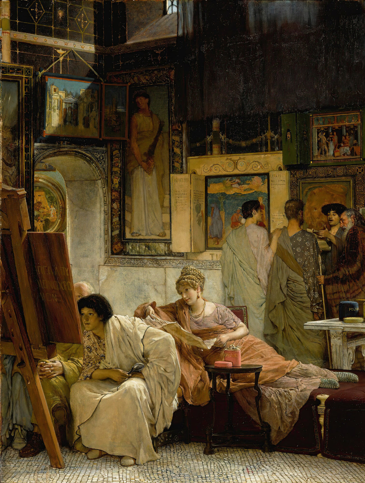 A Picture Gallery by Lawrence Alma-Tadema — Romans study paintings at an easel in a crowded picture gallery