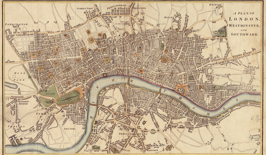Richard Phillips — A Plan of London, Westminster and Southwark | Antique City Plan Print shown to scale on a wall above a sofa