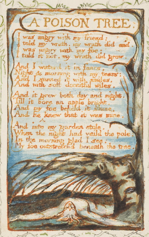 A Poison Tree (Songs of Experience) by William Blake — A man lies outstretched and still beneath a dark spreading tree
