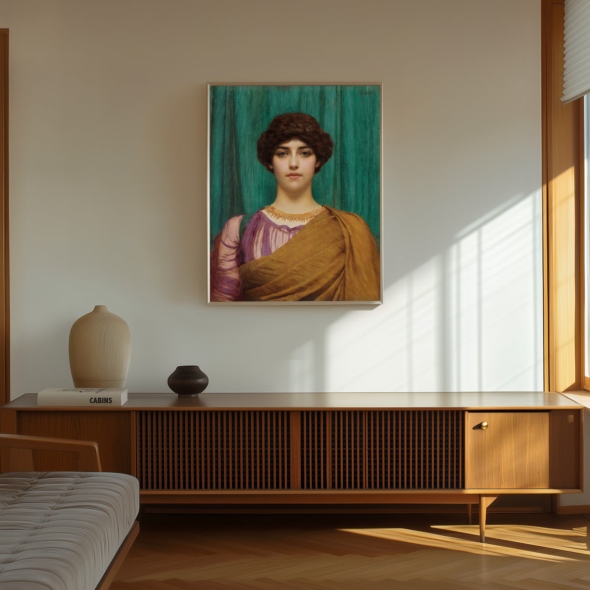 Framed art print of A Pompeian Lady by John William Godward, in a thin light frame on a sunlit wall above a wooden sideboard
