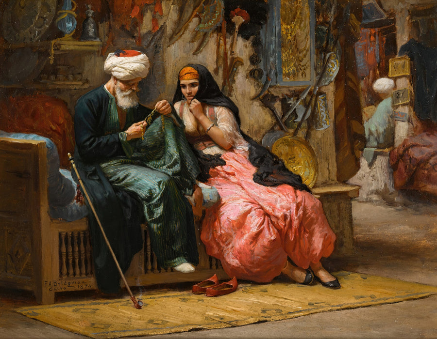 Frederick Arthur Bridgman — A Precious Jewel | Art Print shown to scale on a wall above a sofa
