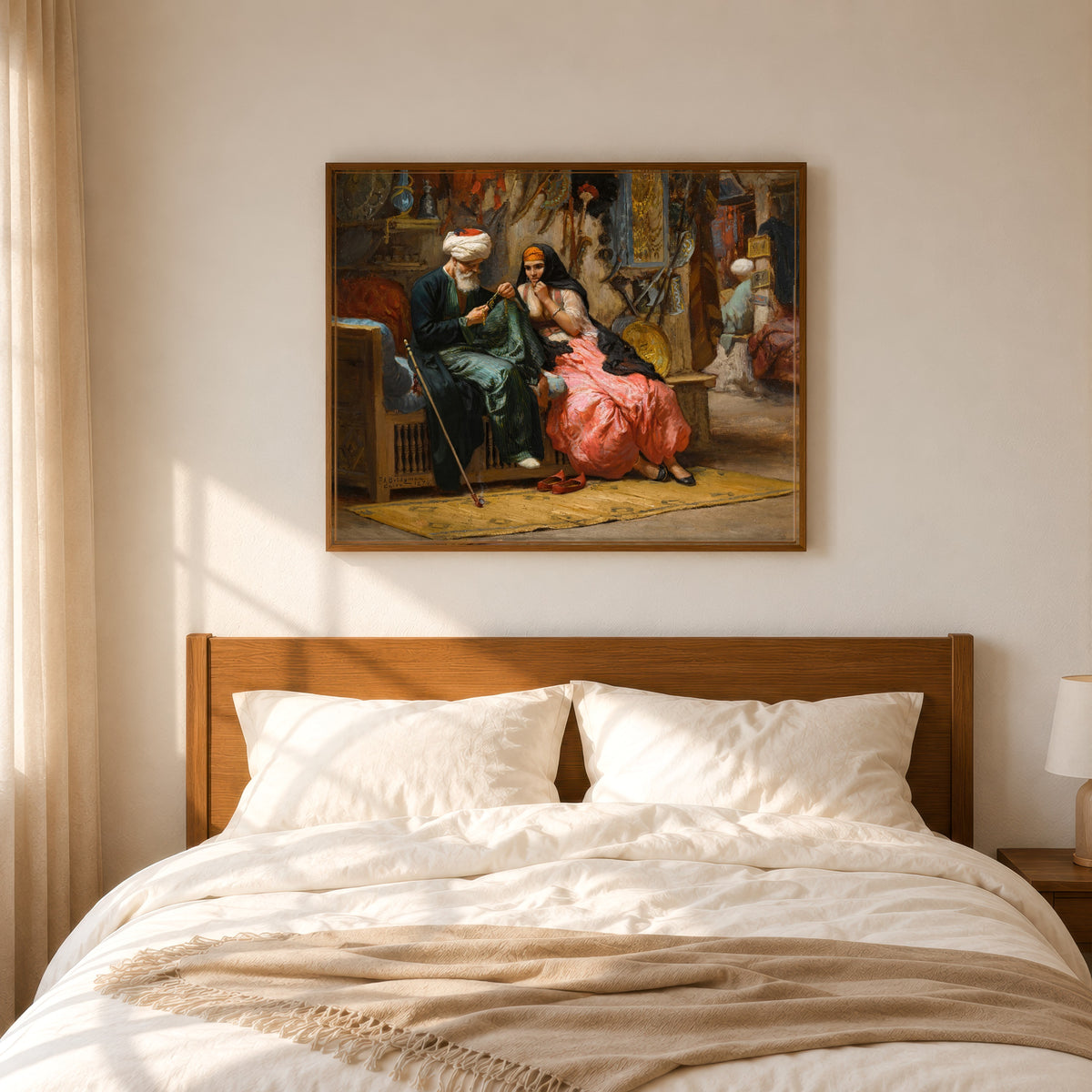 Framed art print of A Precious Jewel by Frederick Arthur Bridgman, in a slim wood frame above a bed in a sunlit bedroom