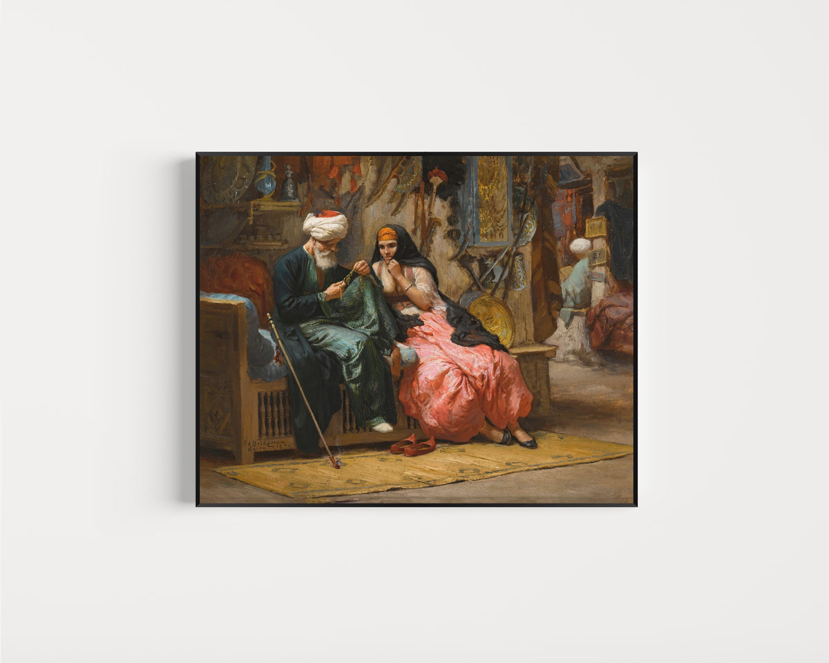 Framed art print of A Precious Jewel by Frederick Arthur Bridgman, in a slim black frame on a plain white wall