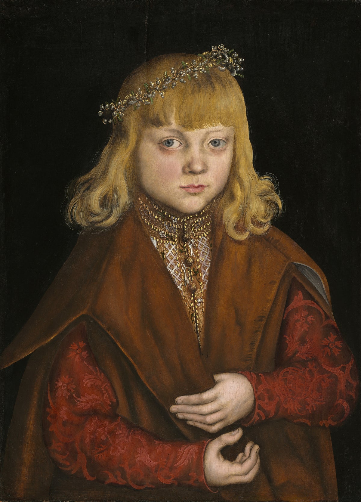 A Prince of Saxony by Lucas Cranach the Elder — A fair-haired boy in a flower wreath, brown cloak and red damask