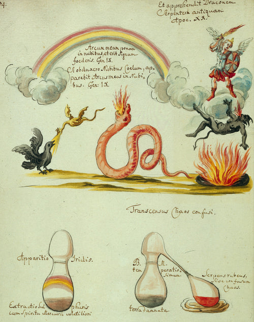 A Rainbow over Dragon and Serpent, above Two Alembics by Thesaurus Thesaurorum — A rainbow over a flame-headed serpent, a raven and a falling demon