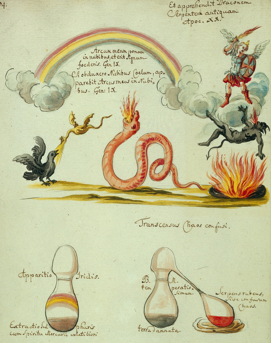 Thesaurus Thesaurorum — A Rainbow over Dragon and Serpent, above Two Alembics | Illuminated Manuscript Print shown to scale on a wall above a sofa