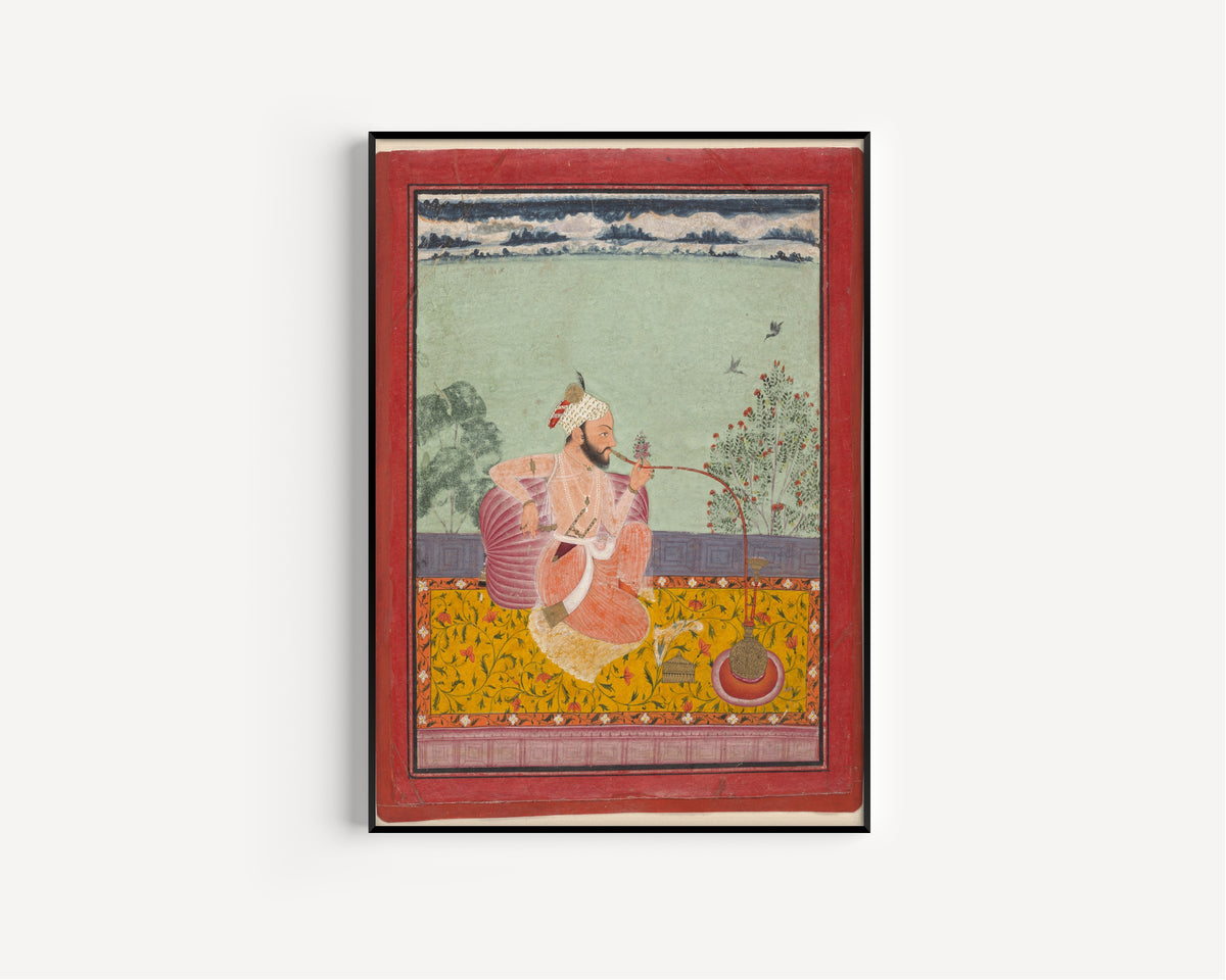 Kota school — A Raja Smoking a Hookah | Indian Miniature Painting Print