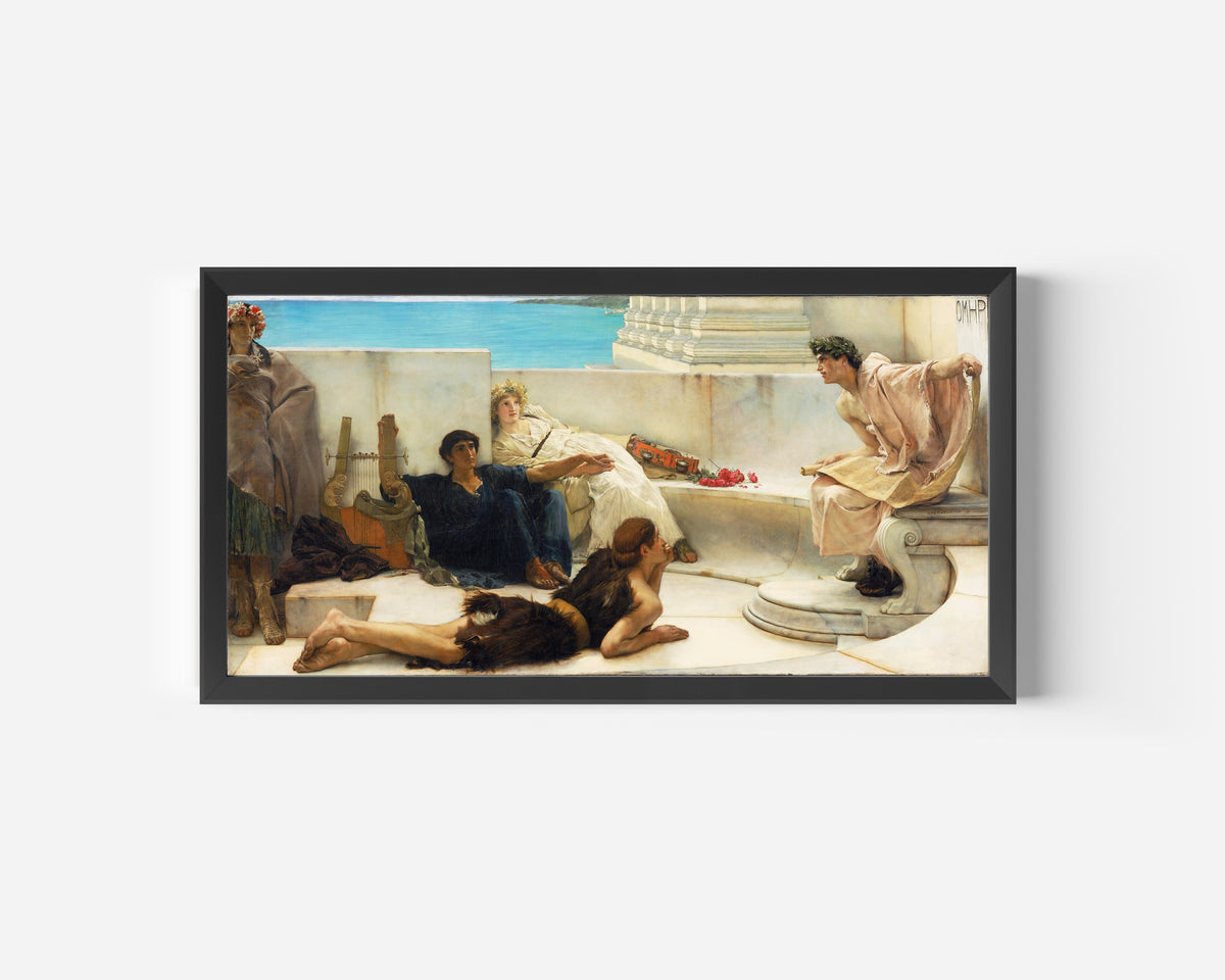 Framed art print of A Reading from Homer by Lawrence Alma-Tadema, in a wide black frame on a plain white wall