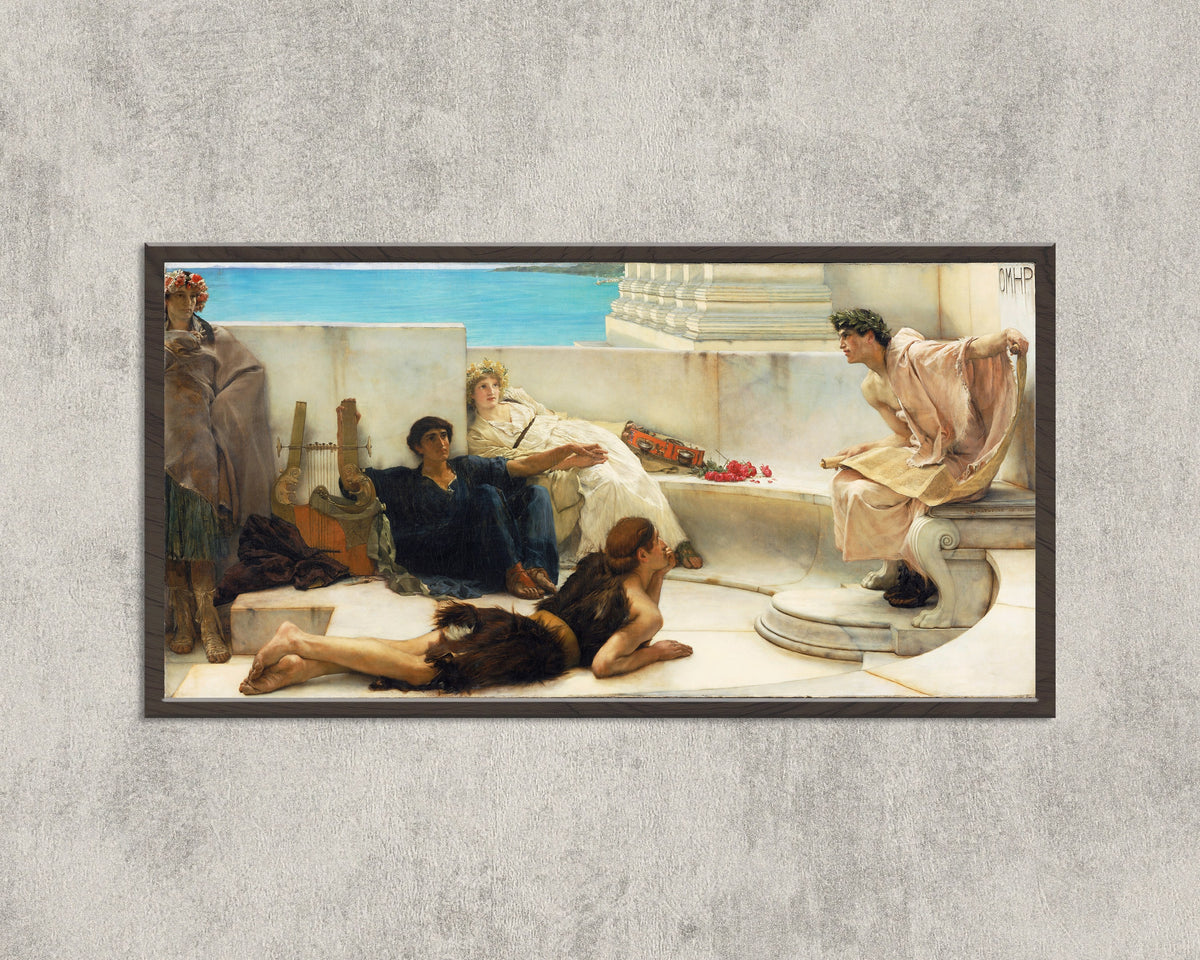 Framed art print of A Reading from Homer by Lawrence Alma-Tadema, in a wide black frame on a concrete wall