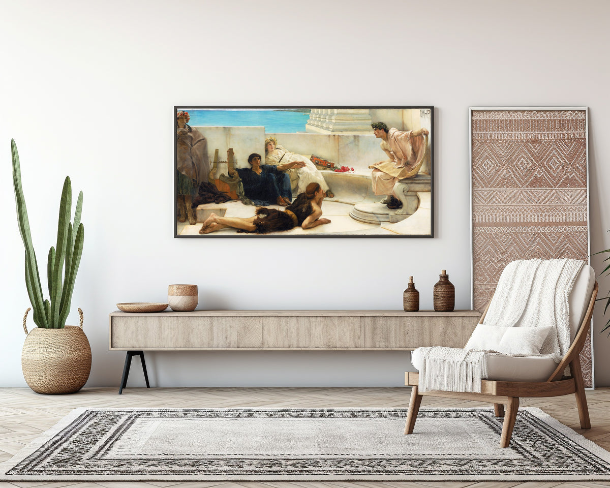 Framed art print of A Reading from Homer by Lawrence Alma-Tadema, above a sideboard in a living room