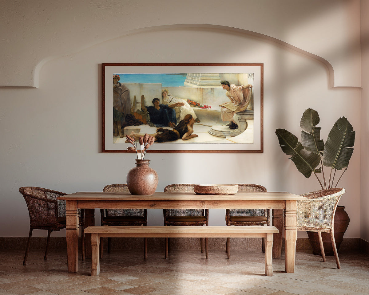 Framed art print of A Reading from Homer by Lawrence Alma-Tadema, above a wooden dining table