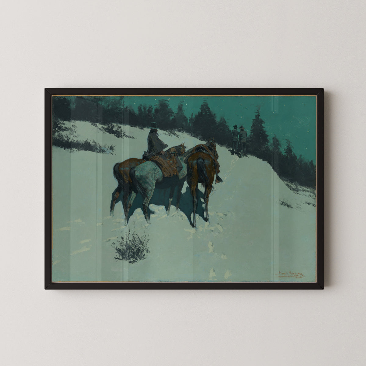 A Reconnaissance by Frederic Remington — in a black frame on a pale wall