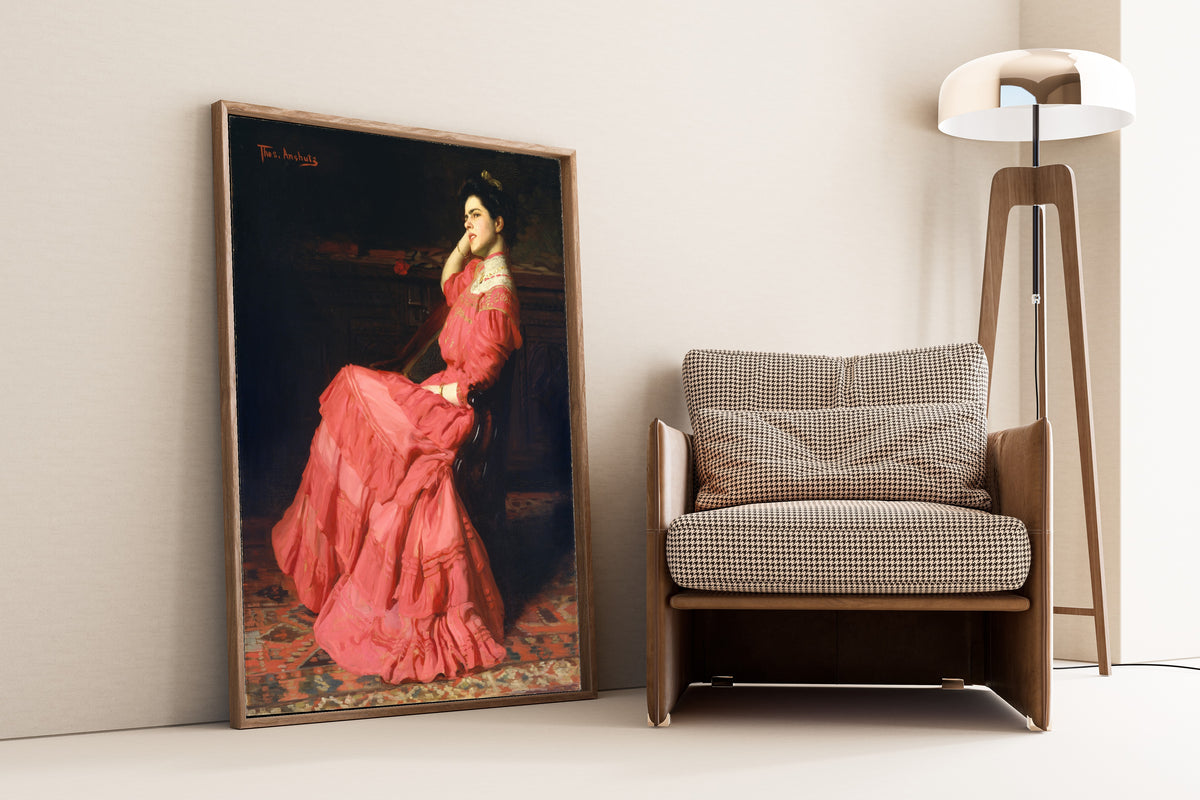 A Rose by Thomas Anshutz — framed and leaning against a wall beside an armchair and a floor lamp