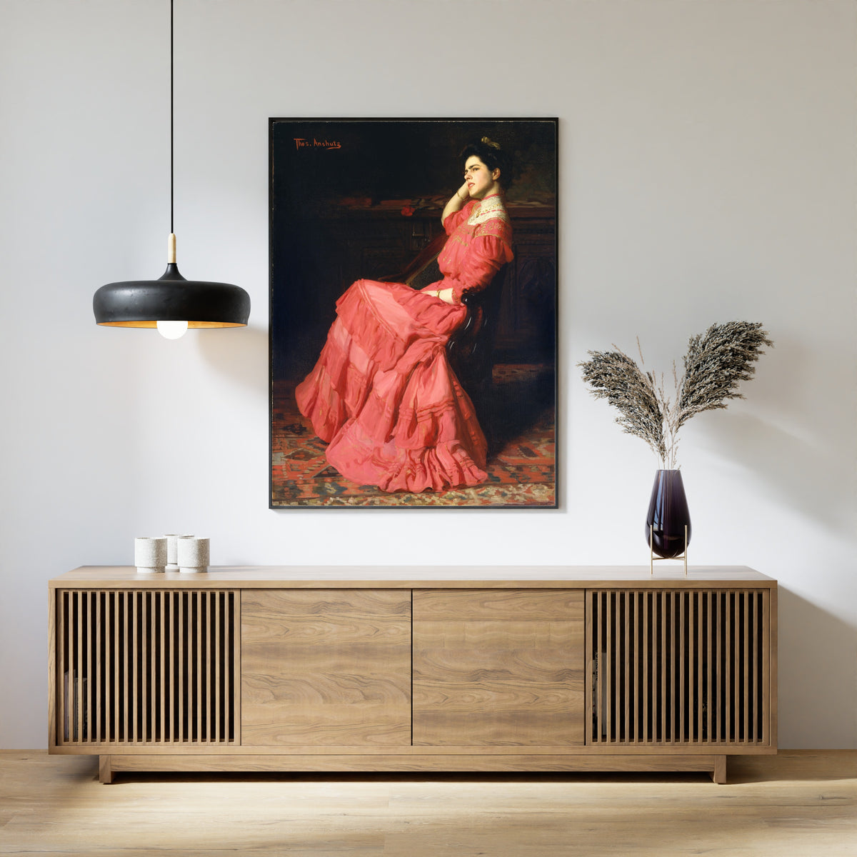 A Rose by Thomas Anshutz — framed above a slatted wood sideboard