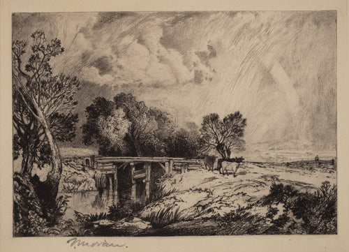 A Rustic Bridge by Thomas Moran — A plank footbridge and three cattle under rain and a pale rainbow