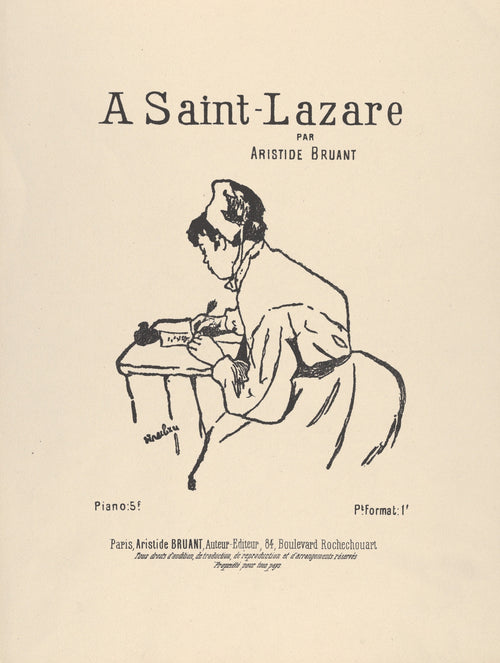 A Saint-Lazare par Aristide Bruant by Henri de Toulouse-Lautrec — A young woman in a white cap bends over a letter at a small table