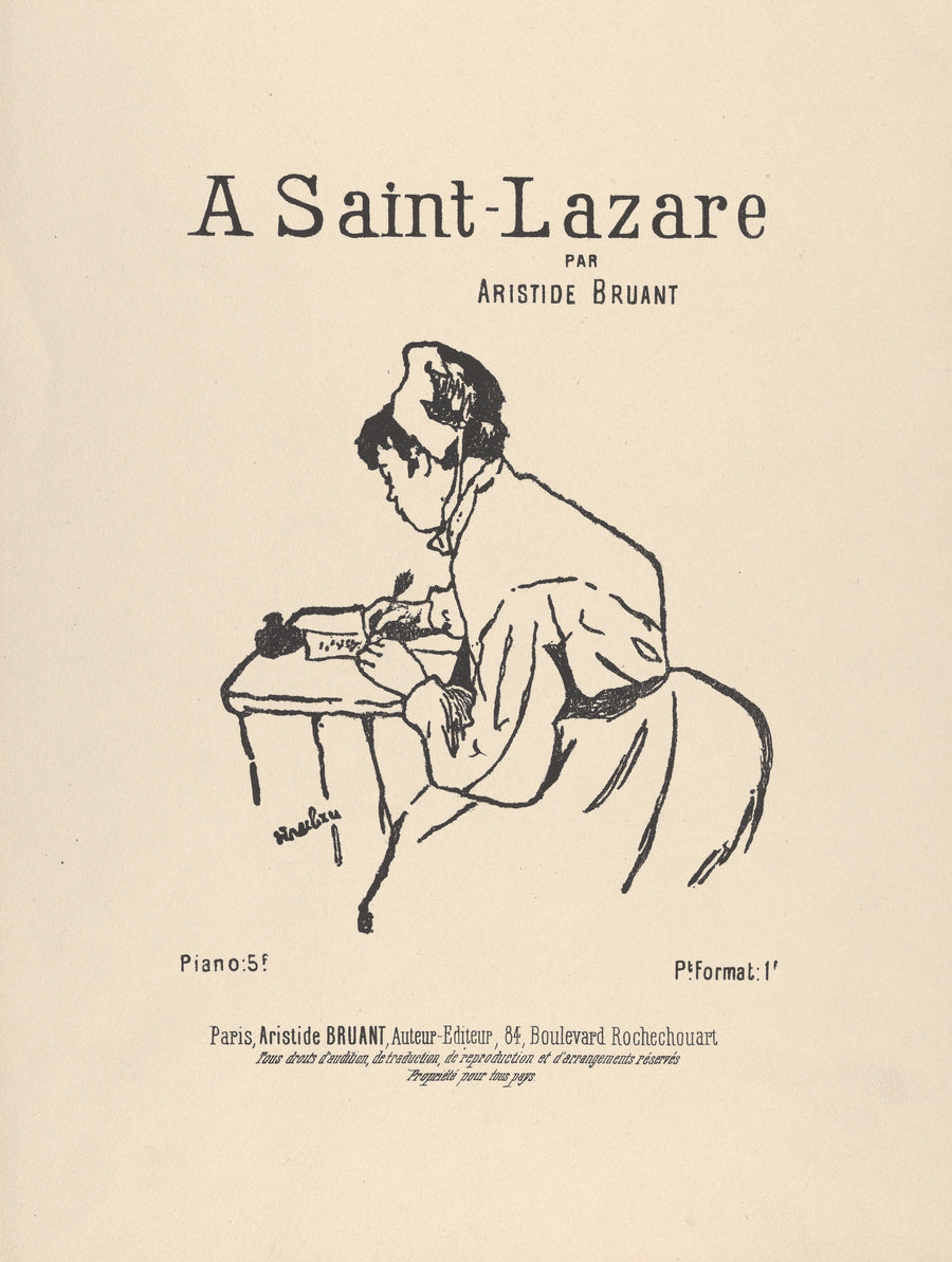 Henri de Toulouse-Lautrec — A Saint-Lazare par Aristide Bruant | Lithograph Print shown to scale on a wall above a sofa