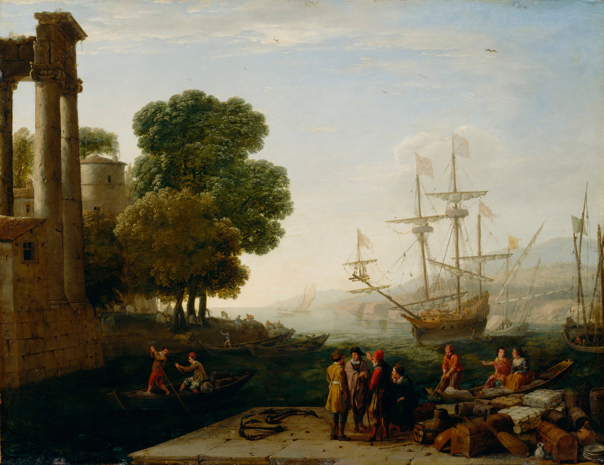 A Seaport at Sunset by Claude Lorrain — A harbour quay stacked with cargo before ships in pale light
