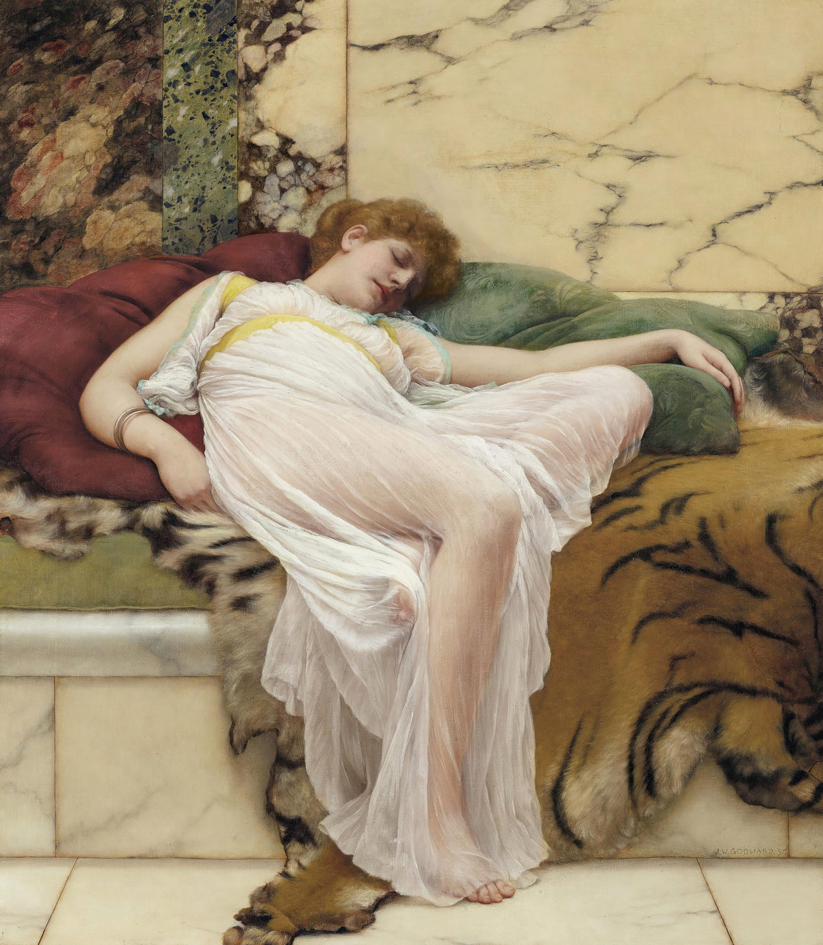 A Siesta by John William Godward — A red-haired woman sleeps in white muslin on a tiger skin