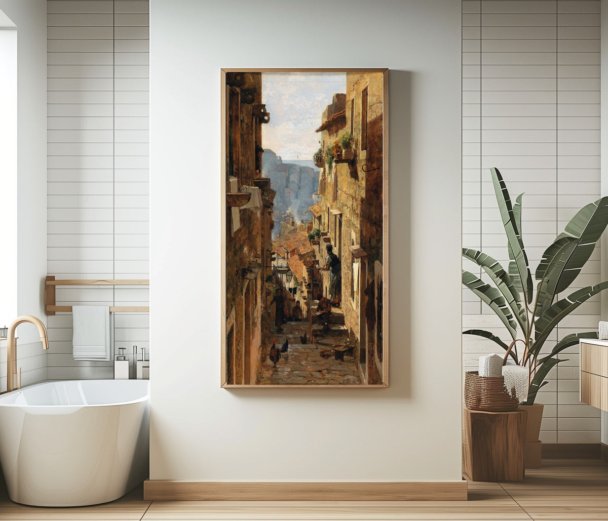 A Street in Ragusa by Carl Moll — framed in a bathroom beside a freestanding tub