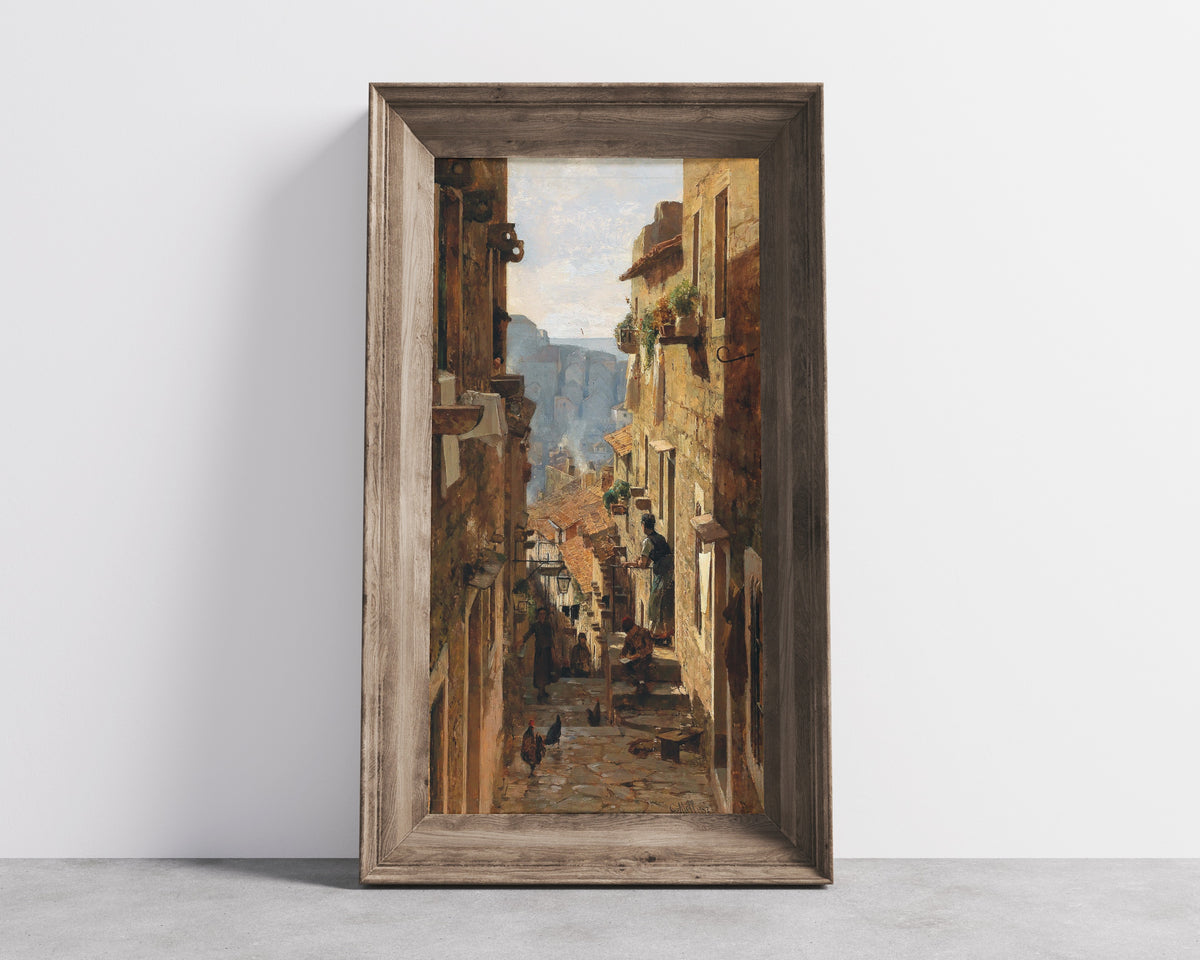 A Street in Ragusa by Carl Moll — in a wide wooden frame leaning against a concrete wall