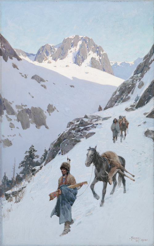 A Successful Hunt by Henry Farny — A hunter leads a laden horse down a sunlit snowfield