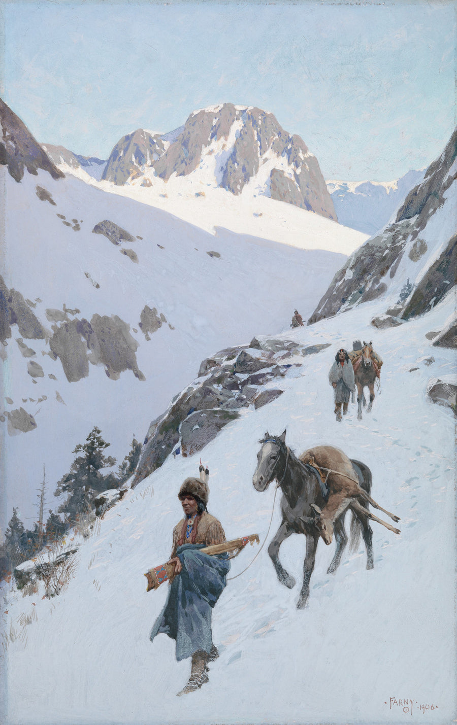 Henry Farny — A Successful Hunt | Western Art Print shown to scale on a wall above a sofa