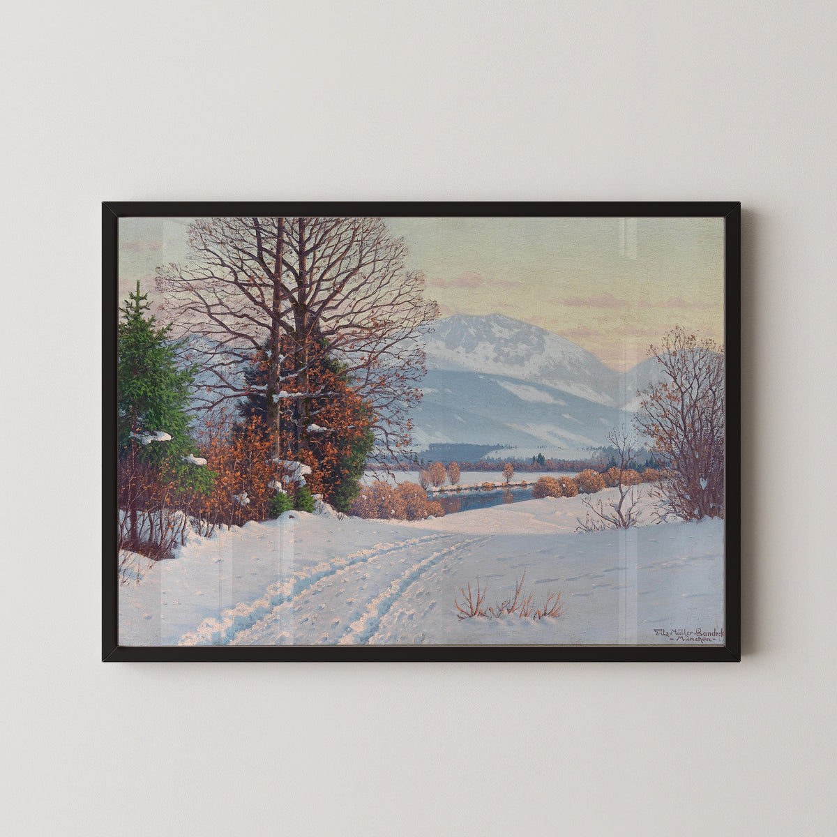 A Sunny Winter Day by Fritz Müller-Landeck — in a black frame on a pale wall