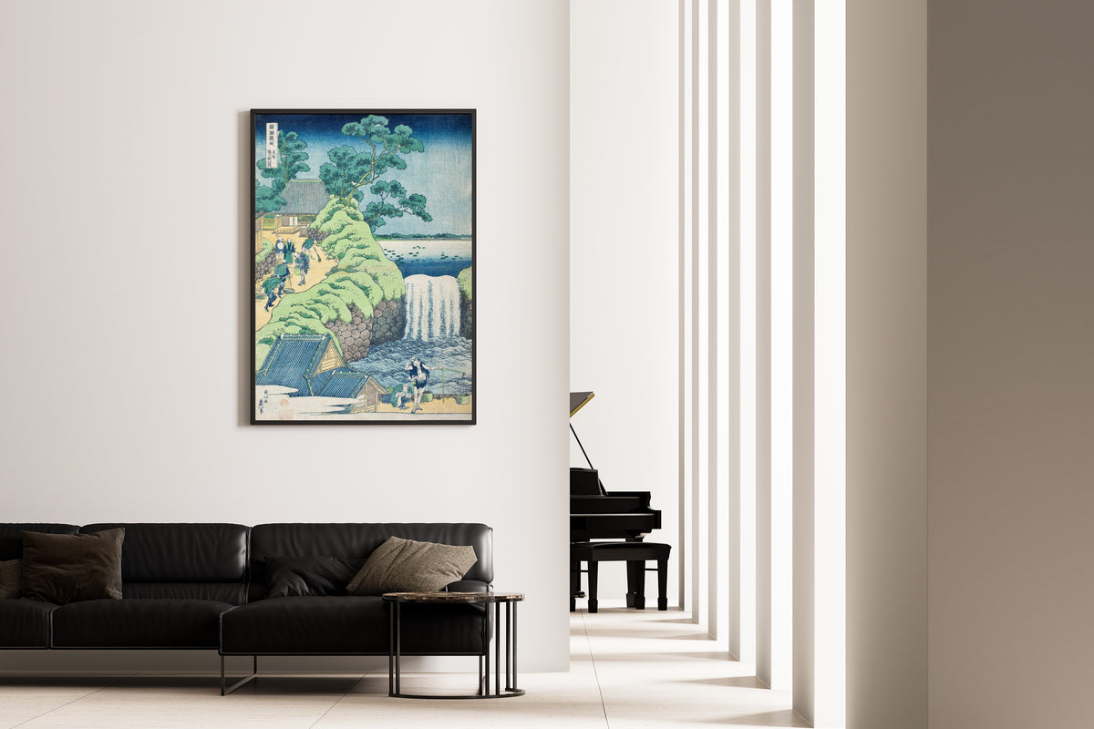 Framed art print of A Tour of the Waterfalls of the Provinces: Aoigaoka Falls in the Eastern Capital by Katsushika Hokusai, on the wall of a minimal living room