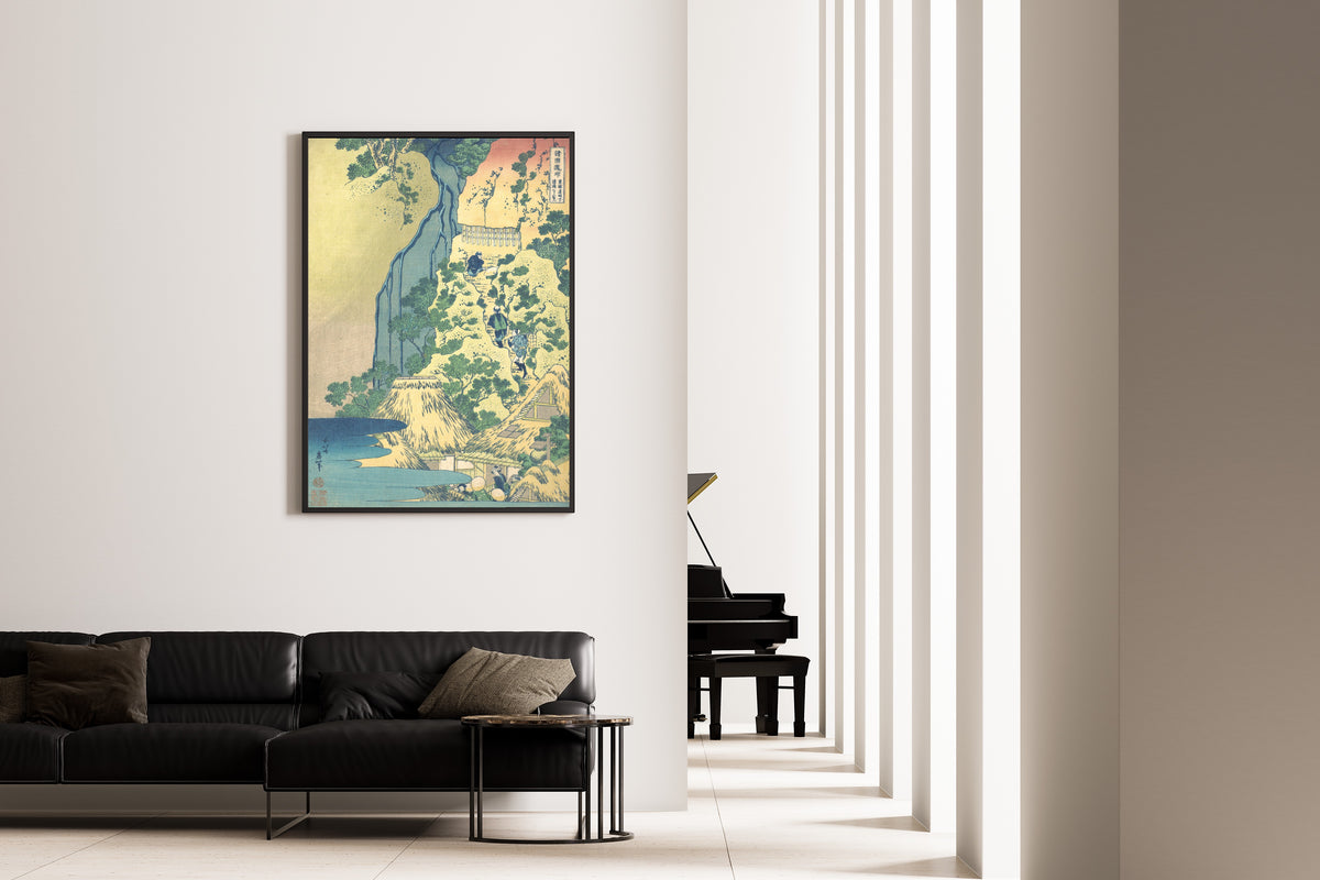 Framed art print of A Tour of the Waterfalls of the Provinces: Kiyotaki Kannon Waterfall at… by Katsushika Hokusai, on the wall of a minimal living room