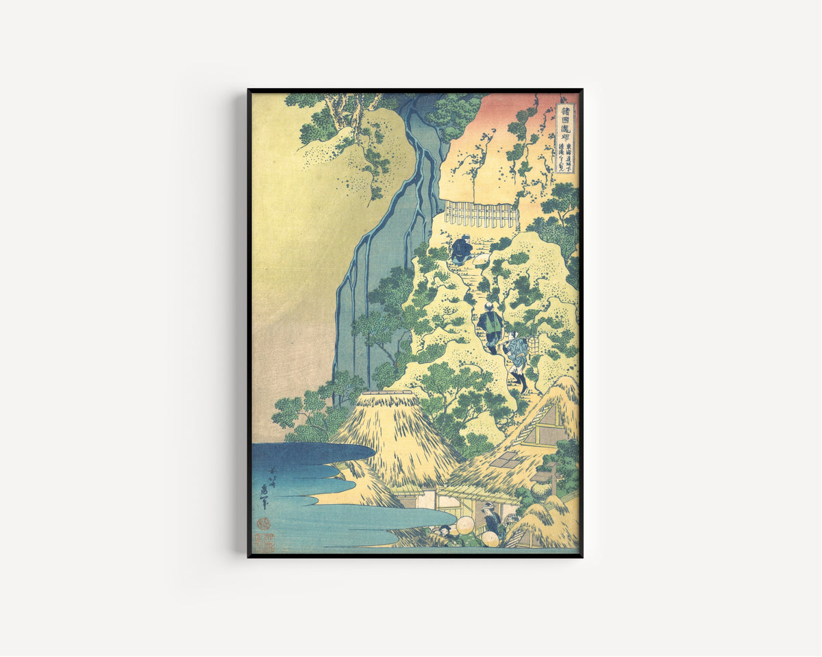 Framed art print of A Tour of the Waterfalls of the Provinces: Kiyotaki Kannon Waterfall at… by Katsushika Hokusai, in a slim black frame on a plain white wall