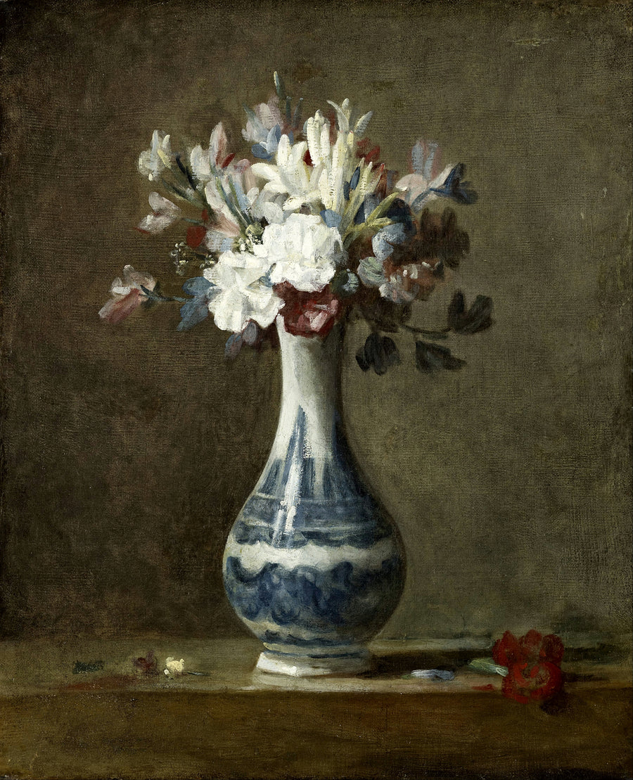 Jean-Siméon Chardin — A Vase of Flowers | Fine Art Print shown to scale on a wall above a sofa
