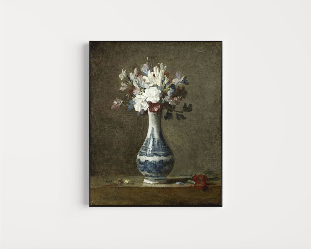 Framed art print of A Vase of Flowers by Jean-Siméon Chardin, in a slim black frame on a plain white wall