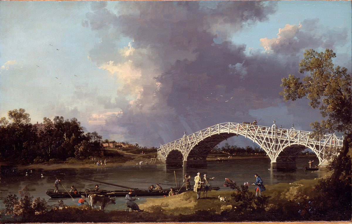 A View of Walton Bridge by Canaletto — A white lattice bridge spans a river under towering purple clouds