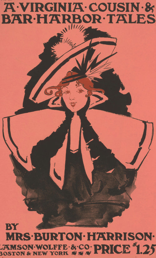 A Virginia Cousin and Bar Harbor Tales by Ethel Reed — A smiling woman in a huge feathered hat on coral pink