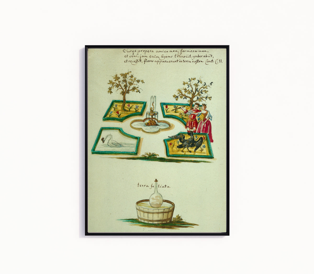 Framed art print of A Walled Garden with Fountain, Swan and Raven, above a Flask in a Tub by Thesaurus Thesaurorum, in a slim black frame on a plain white wall