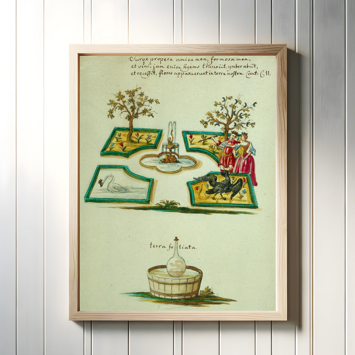 Framed art print of A Walled Garden with Fountain, Swan and Raven, above a Flask in a… by Thesaurus Thesaurorum, in a light wood frame on a white panelled wall