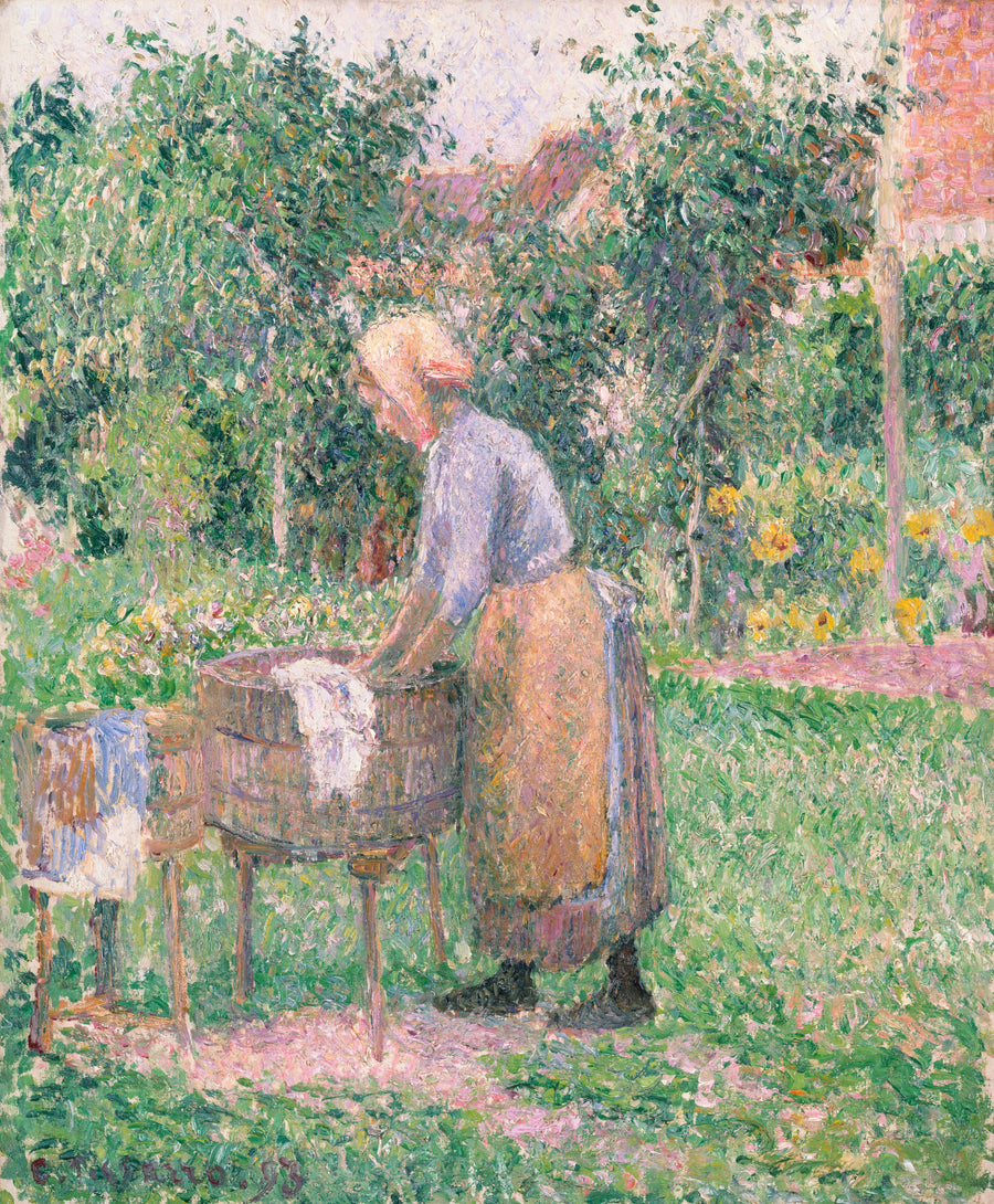 Camille Pissarro — A Washerwoman at Eragny | Fine Art Print shown to scale on a wall above a sofa