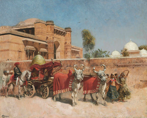 A Wedding Procession before a Palace in Rajasthan by Edwin Lord Weeks — Ox-drawn wedding carriage and dancers pass a sandstone palace wall