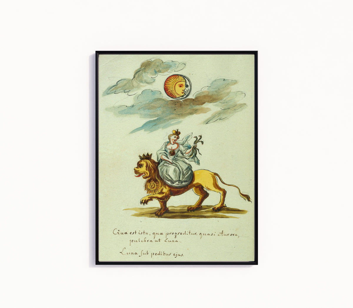 Framed art print of A Woman Seated on a Lion beneath Sun and Moon by Thesaurus Thesaurorum, in a slim black frame on a plain white wall