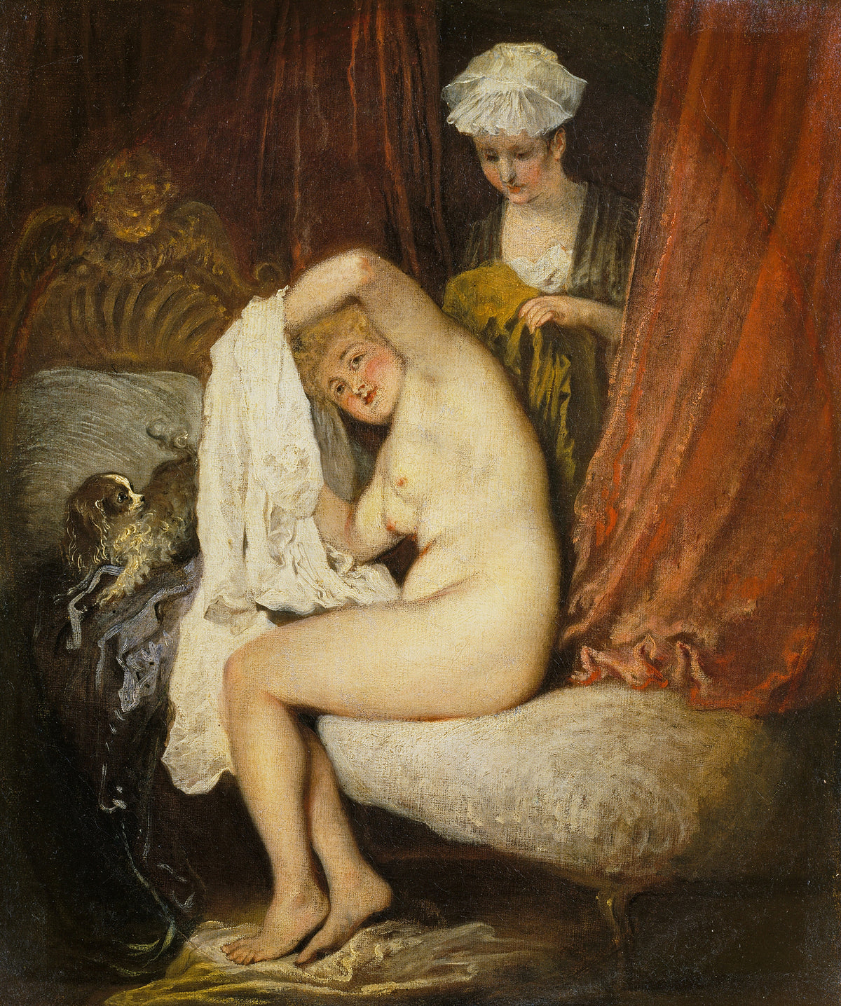 A Woman at Her Toilet by Jean-Antoine Watteau — A maid in a white cap watches a seated woman beside a red curtain