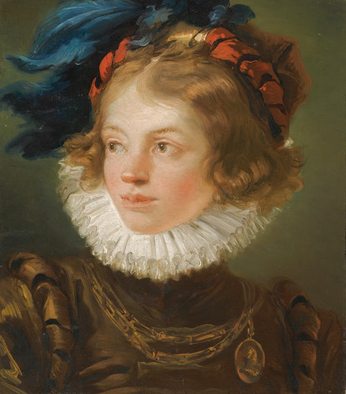 A Young Boy in the Costume of a Page, Head and Shoulders by Giovanni Battista Tiepolo — A boy in a plumed red cap and white ruff glances aside