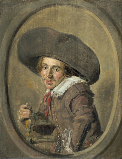 A Young Man in a Large Hat by Frans Hals — A grinning young man holds a glass beneath an enormous hat