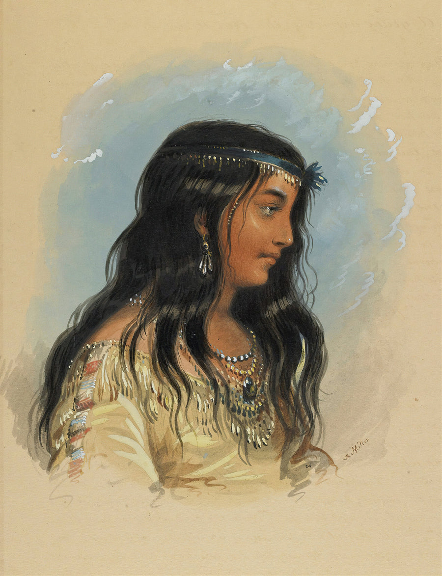 Alfred Jacob Miller — A Young Woman of the Flat Head Tribe | Western Art Print shown to scale on a wall above a sofa
